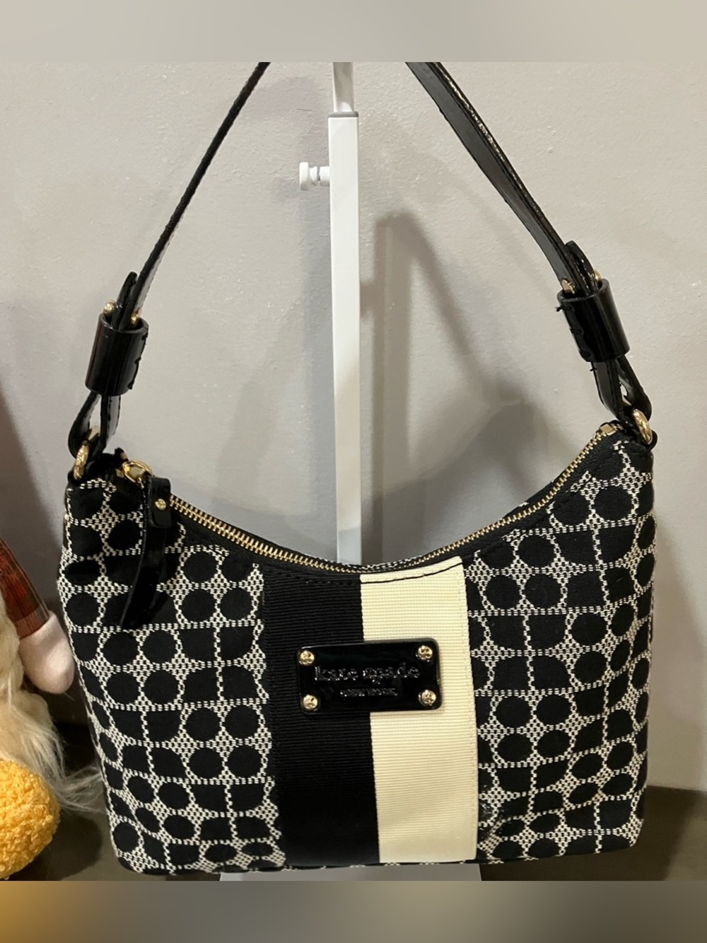 kate spade Black and Cream Jacquard Shoulder Bag with Gold Hardware